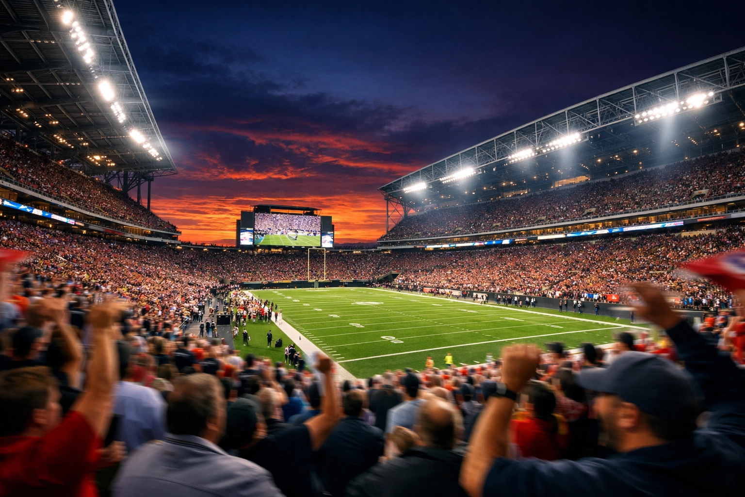 A wide-angle shot of a modern football stadium at dusk during Super Bowl 2026.