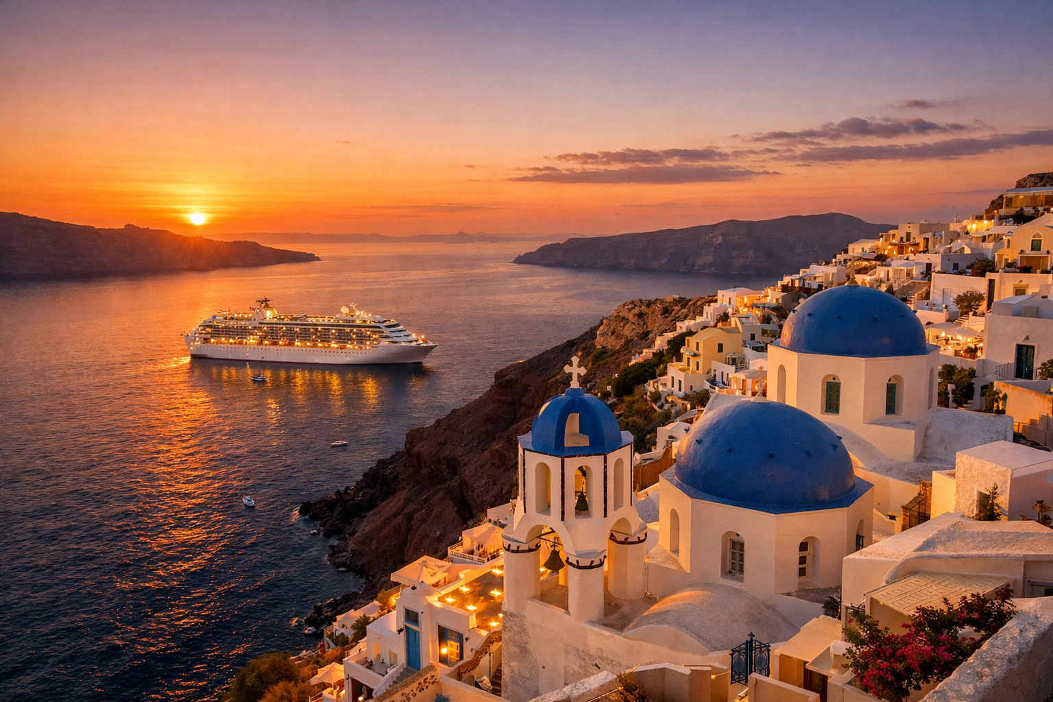 Princess cruise ship anchored in the Santorini caldera at sunset during a Mediterranean Europe vacation.