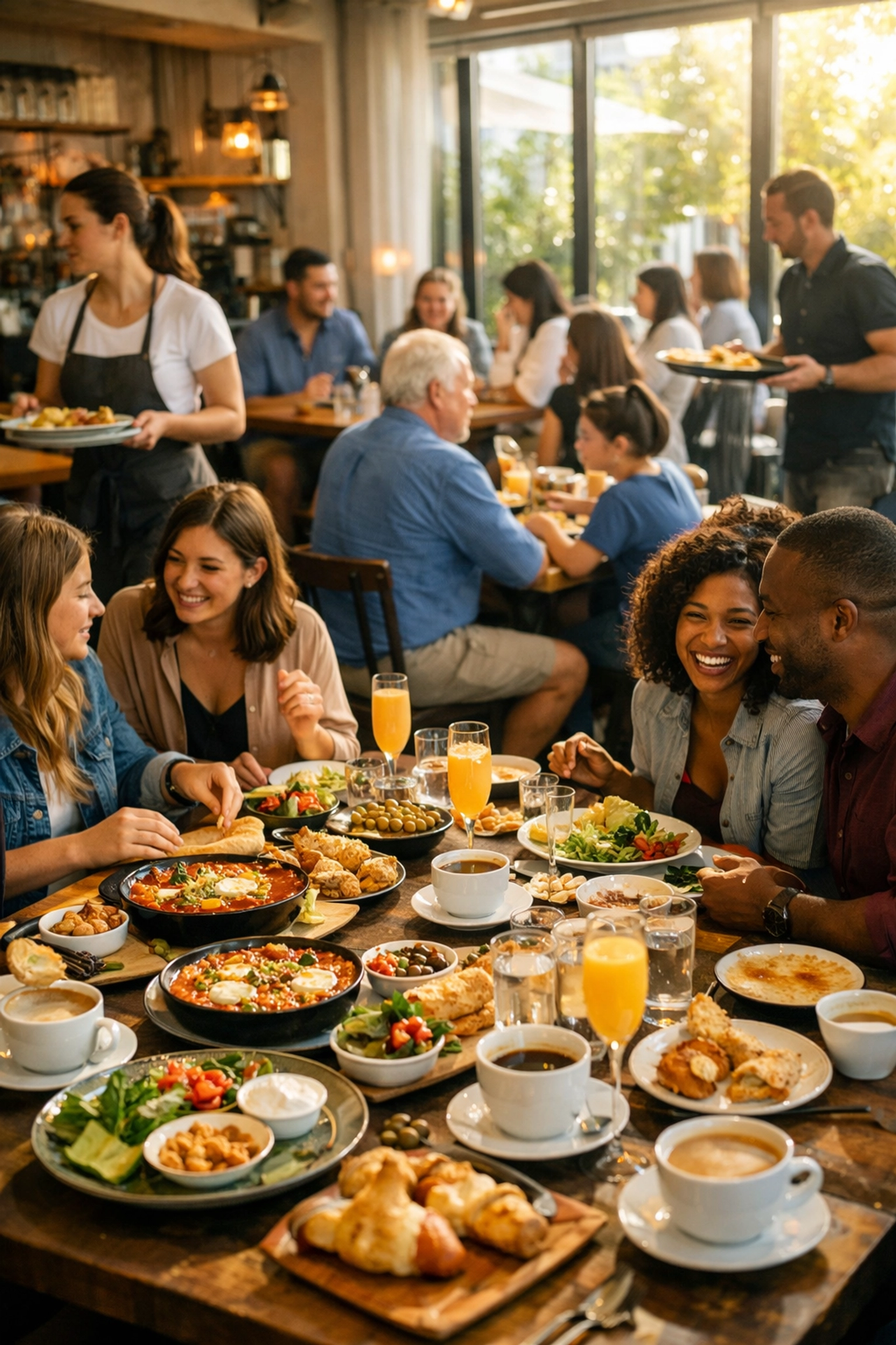 Busy weekend brunch service at a Castro restaurant with diners enjoying Mediterranean breakfast dishes