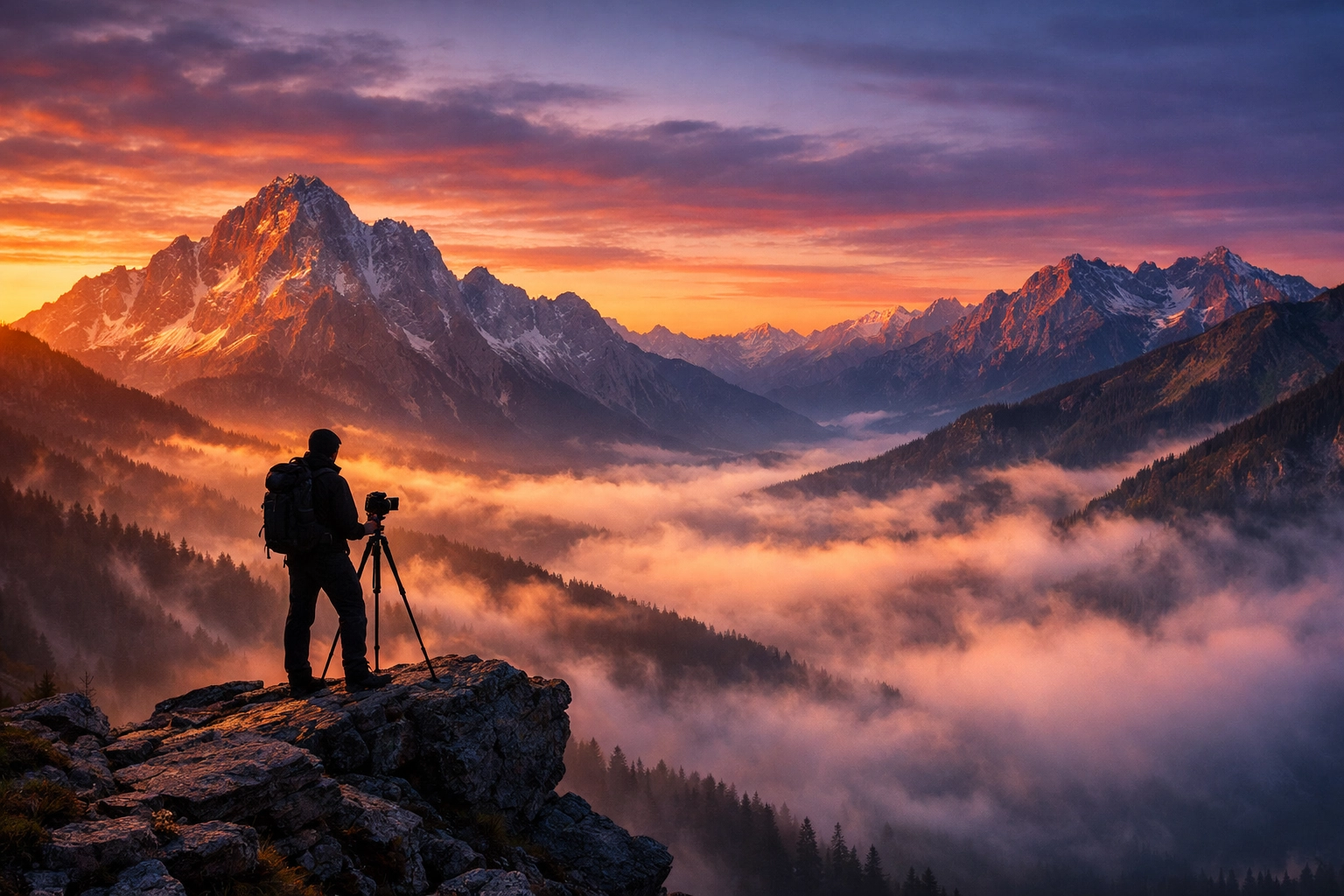 Successful landscape photographer shooting a sunrise mountain landscape for their professional portfolio.