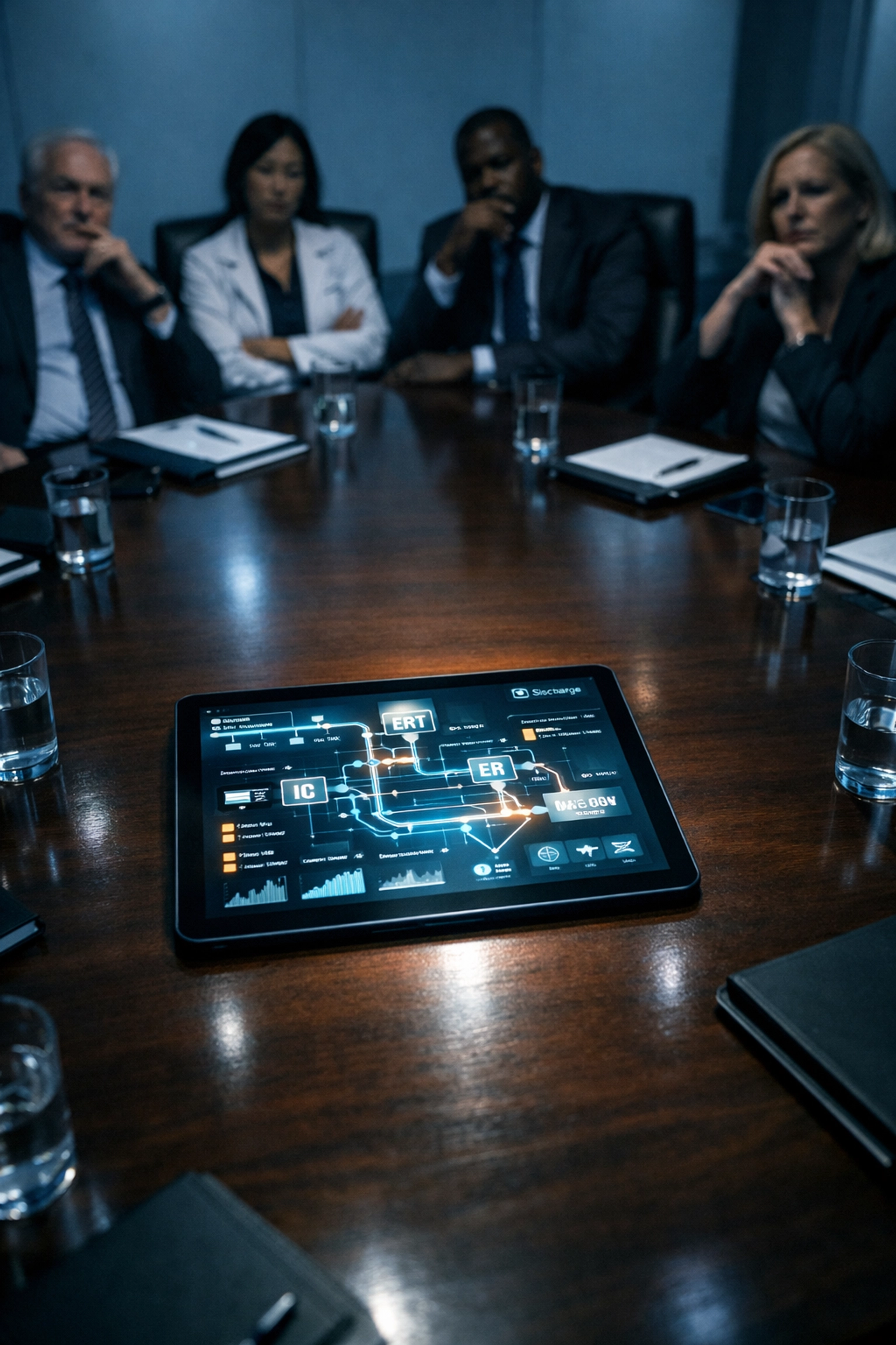Hospital administration reviewing AI patient flow data on a tablet in a boardroom.