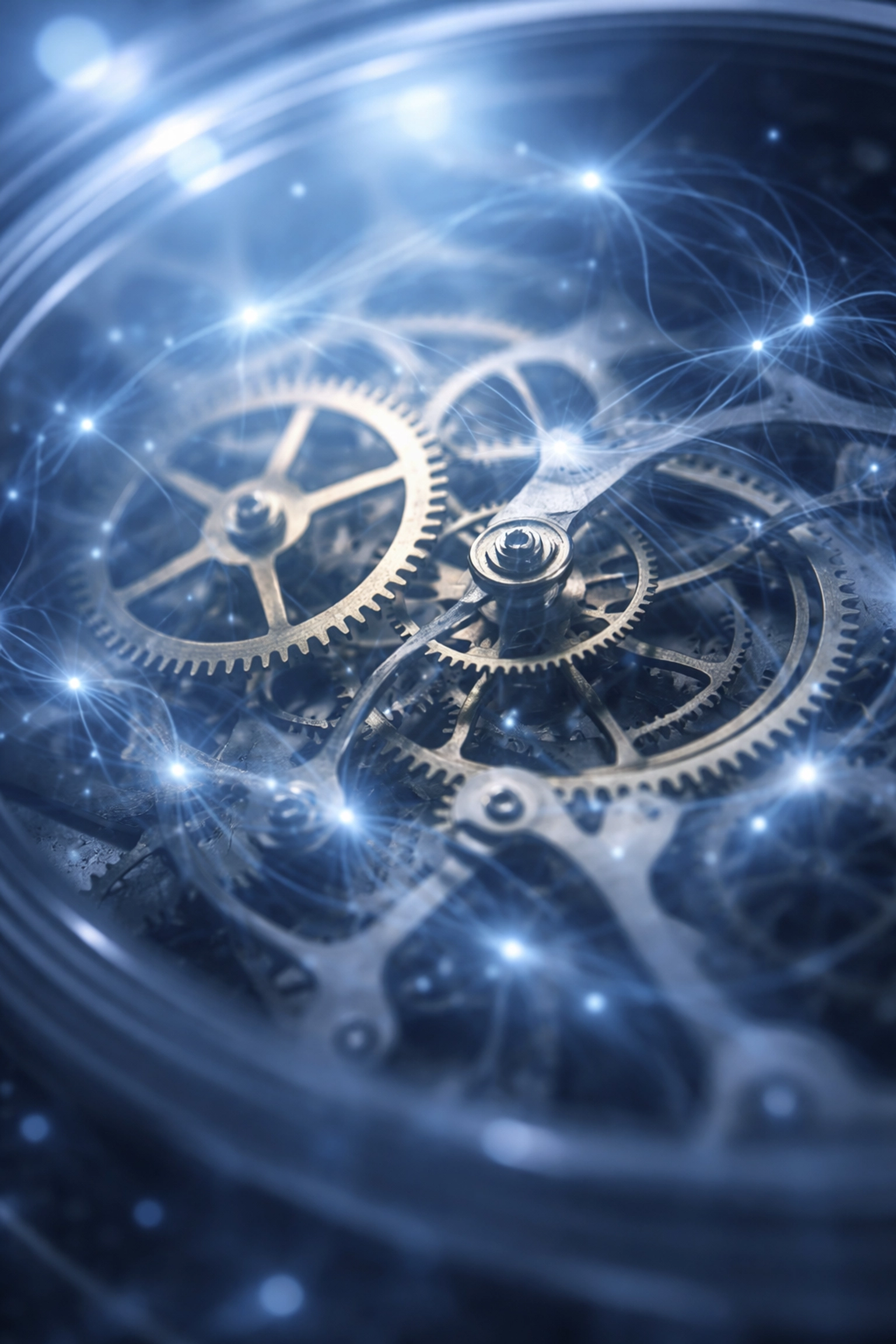 Mechanical gears and neural filaments symbolizing brain mechanics in holistic ADHD and anxiety therapy