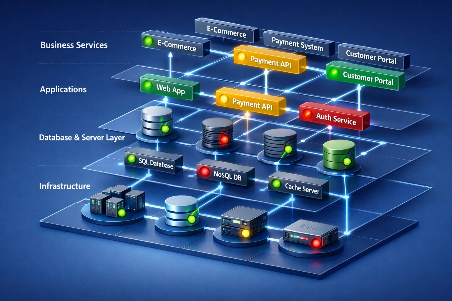 ServiceNow Service Mapping visualization showing interconnected business services and infrastructure dependencies