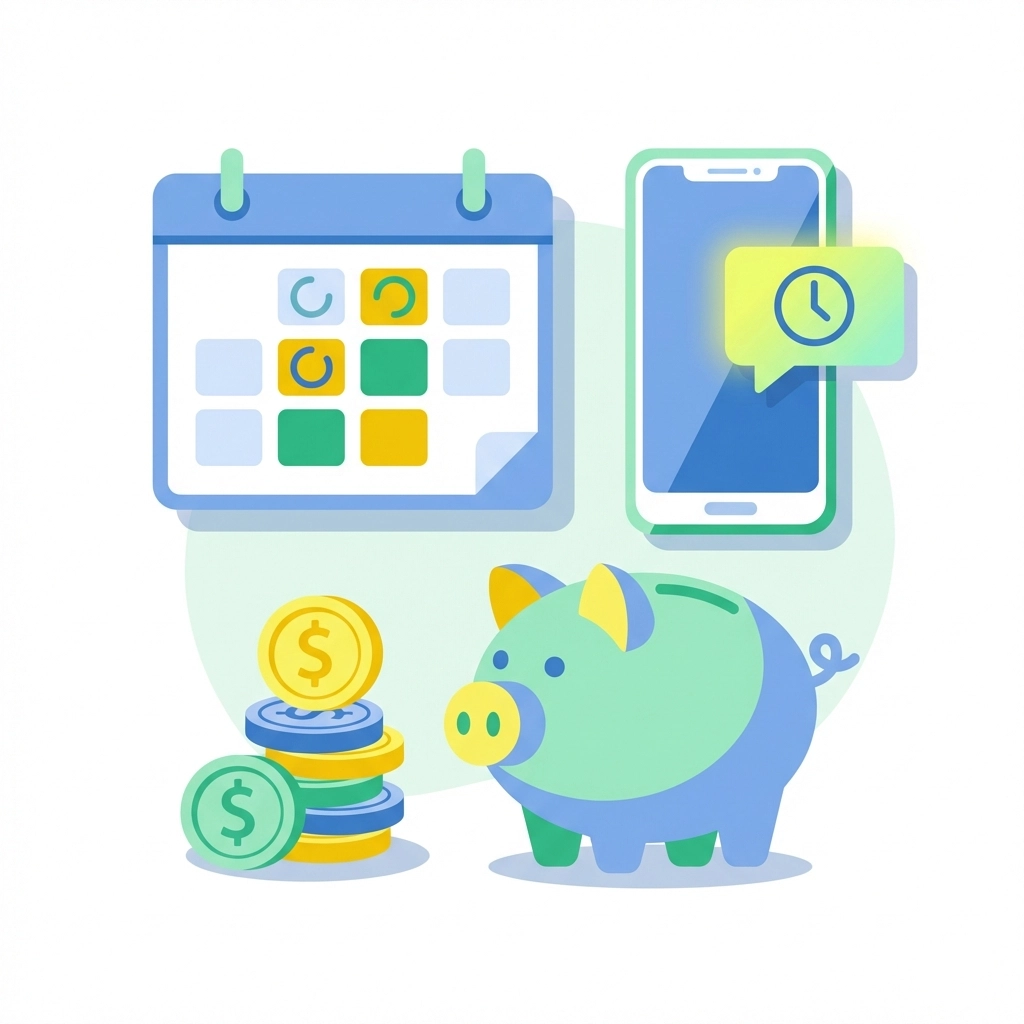 Calendar with tax deadlines, coins, and a piggy bank illustrating planning for quarterly estimated taxes for freelancers.