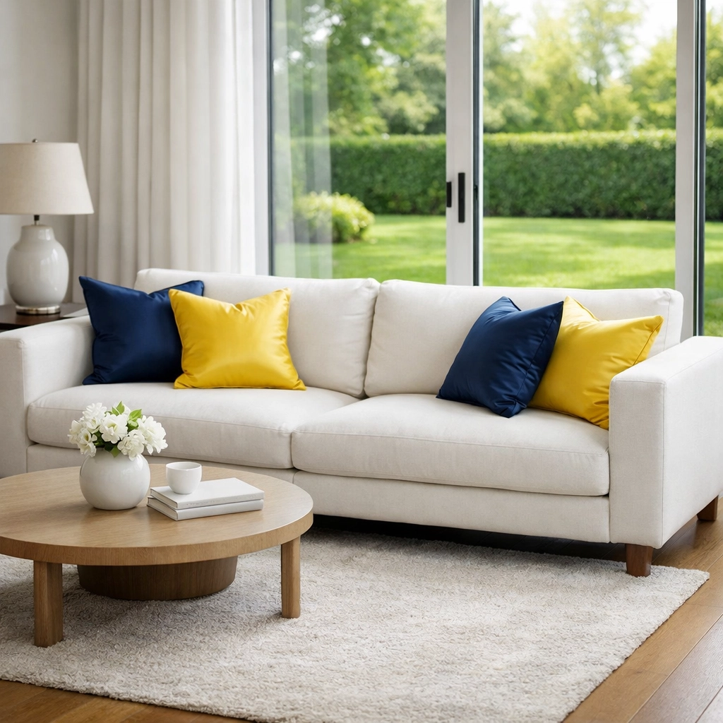 Immaculate living room with plush furniture, maintained by high-quality residential cleaning services near me.