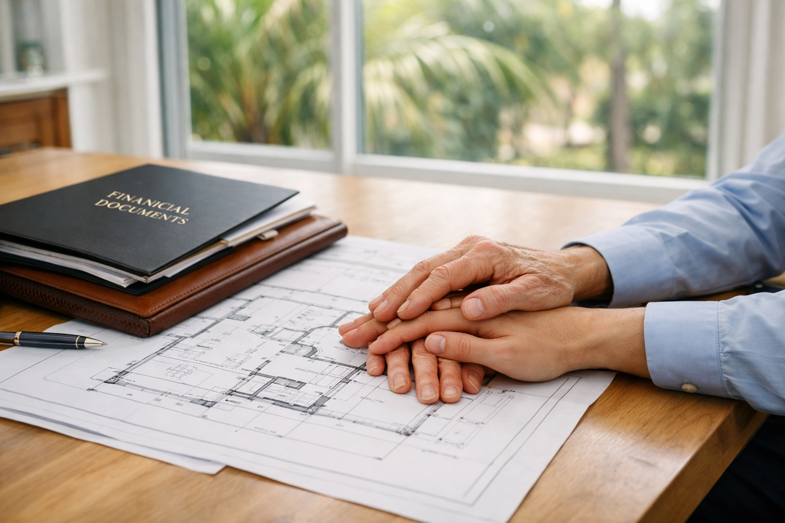 Senior and adult child hands reviewing financial documents for retirement planning Wesley Chapel FL legacy.