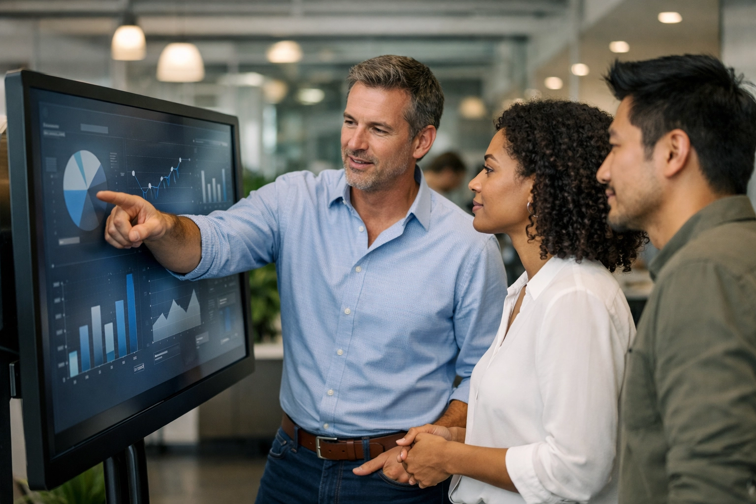 Strategic business consulting session showing professionals collaborating on a global innovation framework.