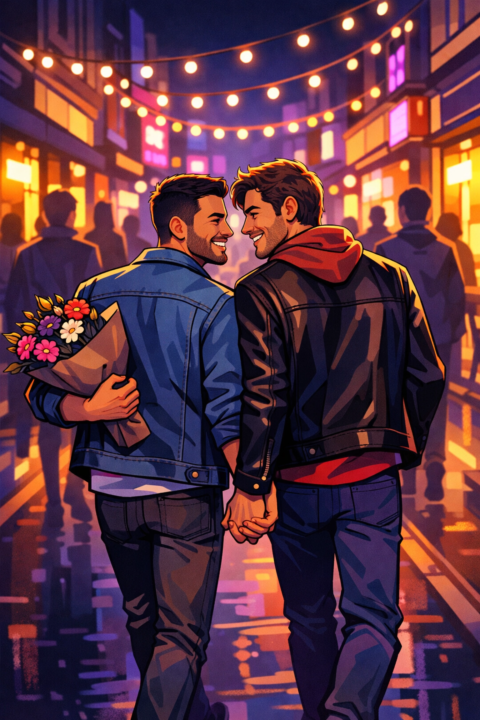 Gay couple walking hand-in-hand on city street at night celebrating Valentine's Day together
