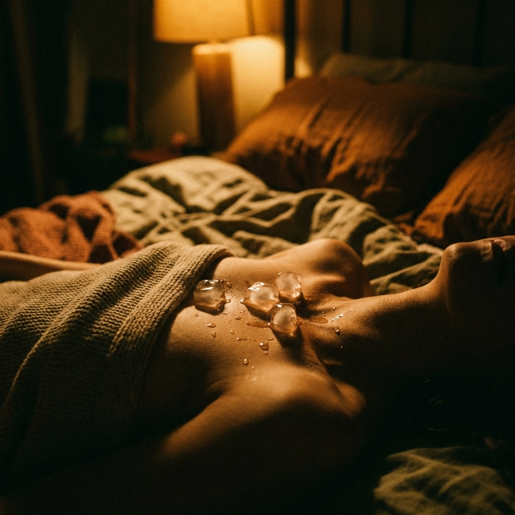 Ice cube temperature play on skin creating sensual contrast and arousal