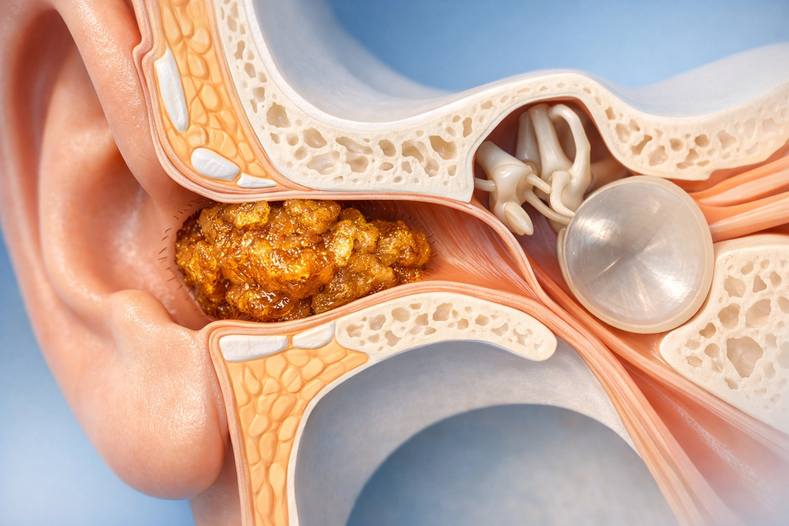 Internal view of a human ear canal with impacted earwax buildup needing professional cleaning.