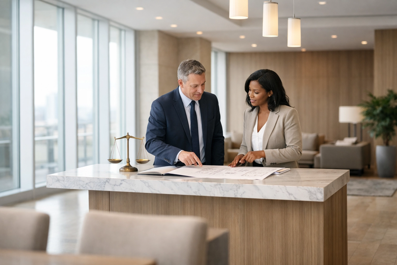 Professionals reviewing architectural plans and legal compliance documents for a Florida real estate deal.