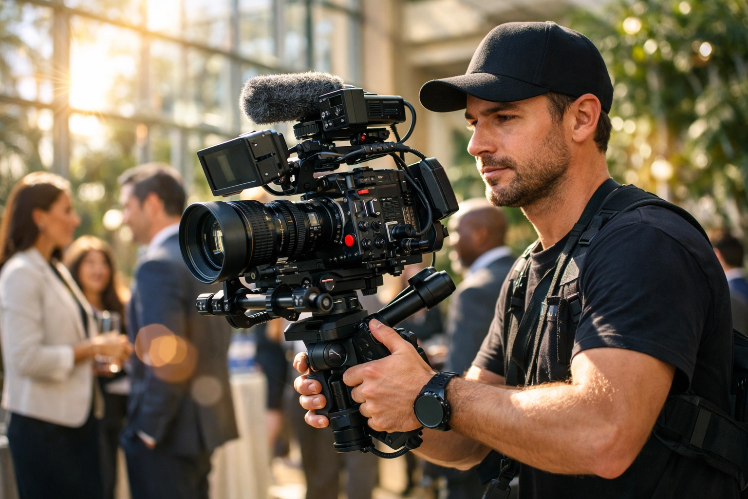 Corporate event videographer filming a business networking session with professional gear in Los Angeles.