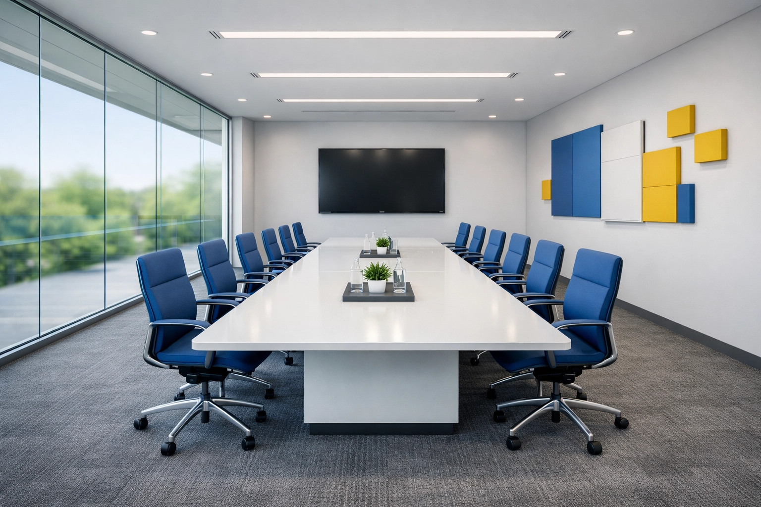 Pristine office conference room with vacuumed carpets and streak-free glass from office cleaning in Westford.