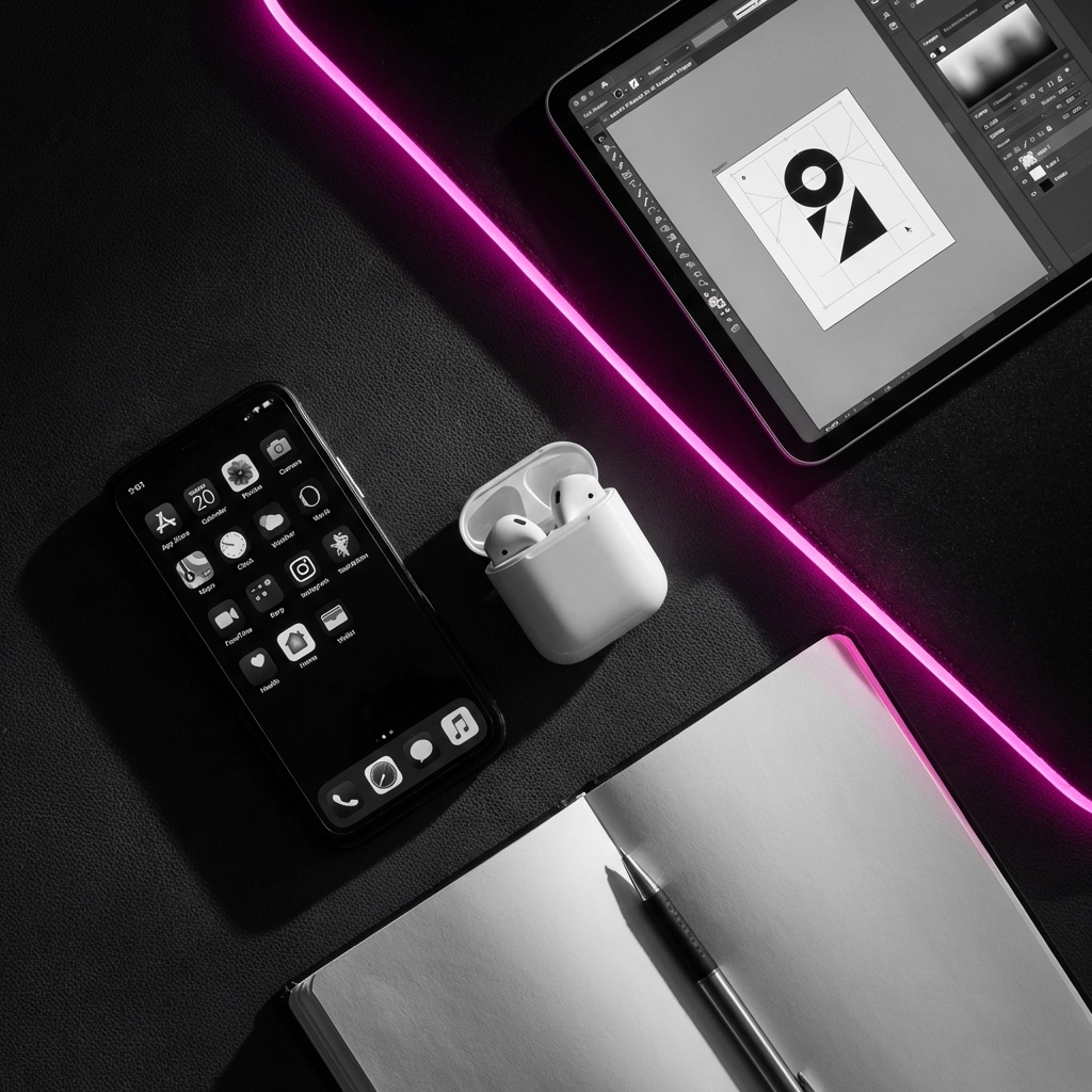 Modern workspace showing smartphone, earbuds, and tablet with pink lighting, ideal for managing urban pop culture news apps.