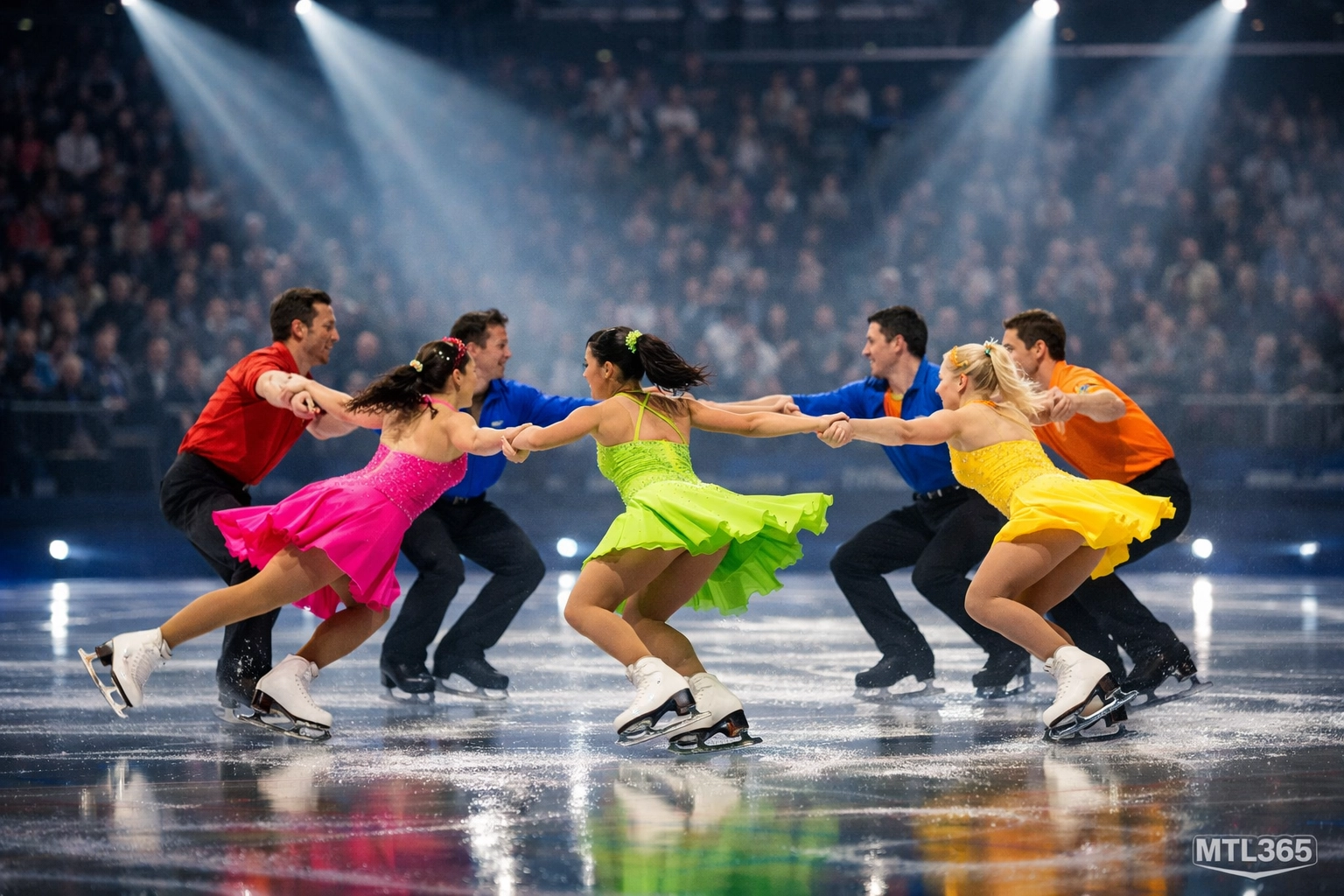 Professional figure skaters performing in colorful costumes at an ice show event in the Centre Bell.