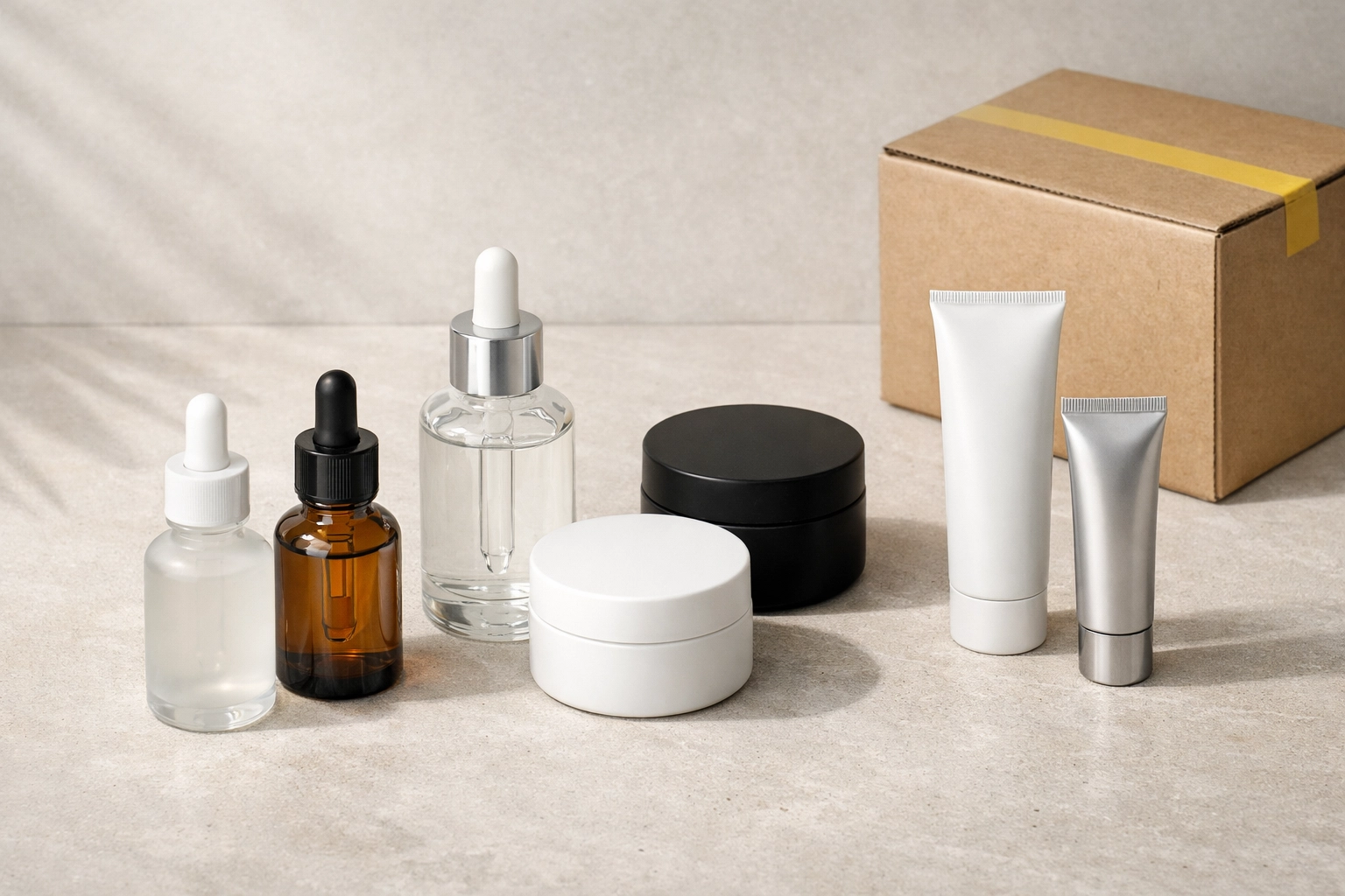 Wholesale skincare serums and cosmetic creams on stone surface for Amazon FBA beauty inventory sourcing.