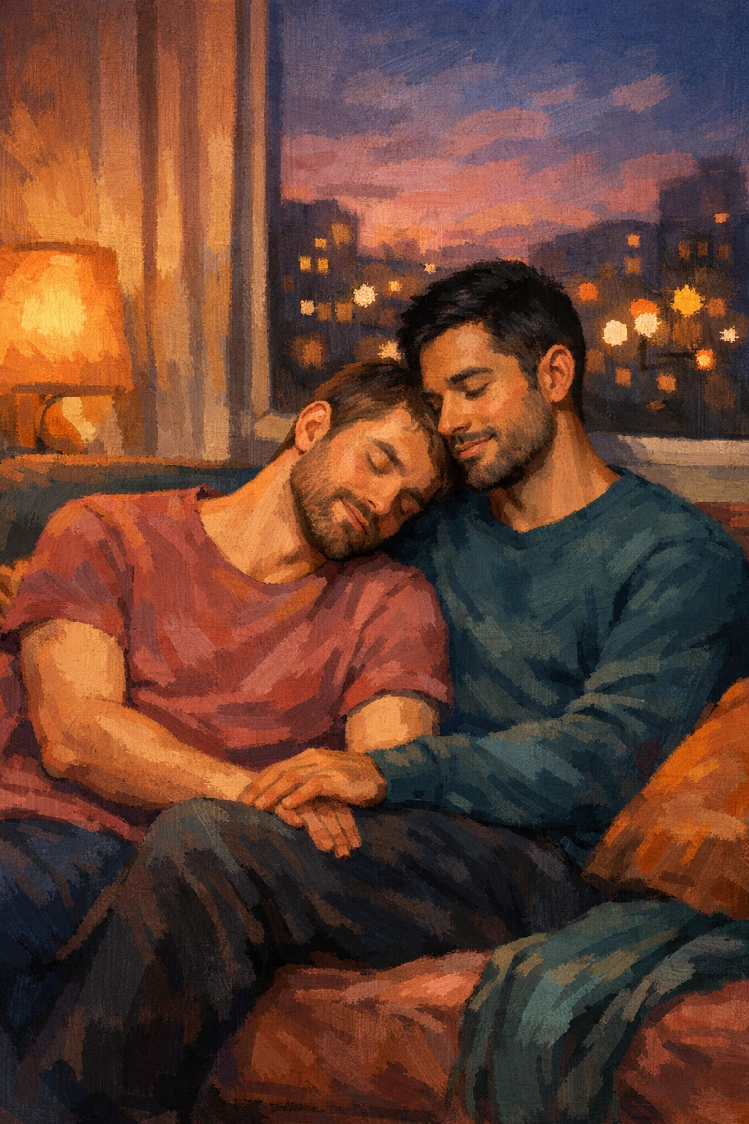 Two men cuddling on couch in comfortable embrace - MM romance emotional connection