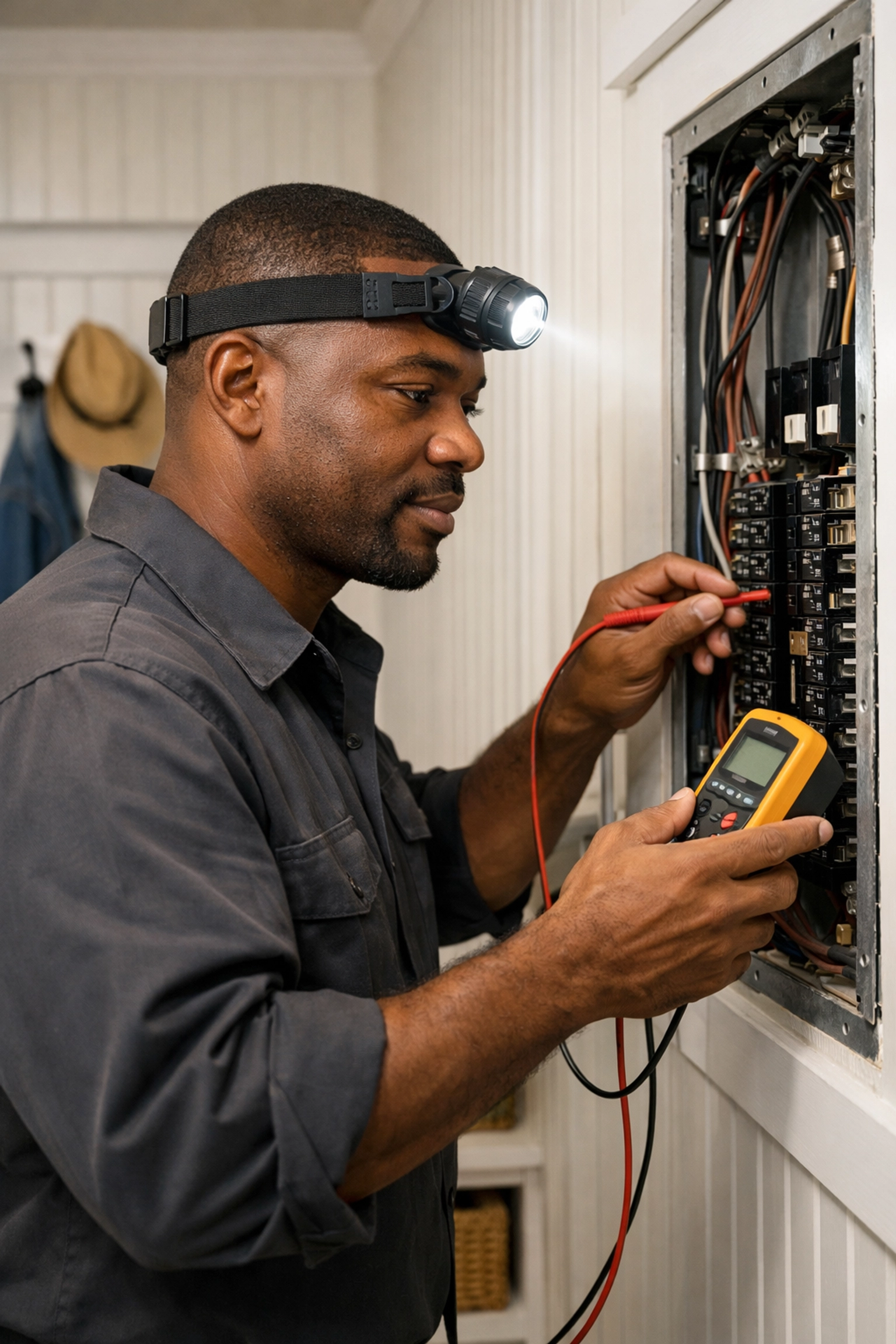 Residential electrician performing an electrical safety inspection in a Charleston, SC home.