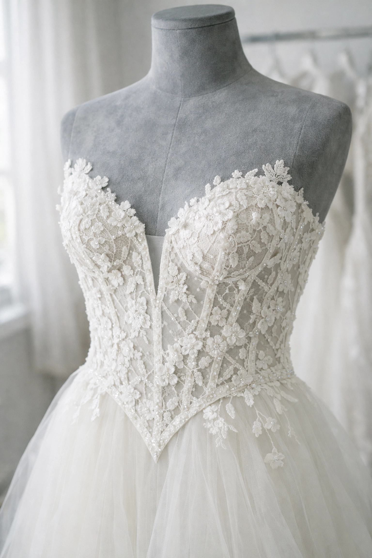 Ivory designer wedding dress with a structured Basque bodice and V-shaped waistline in architectural lace.
