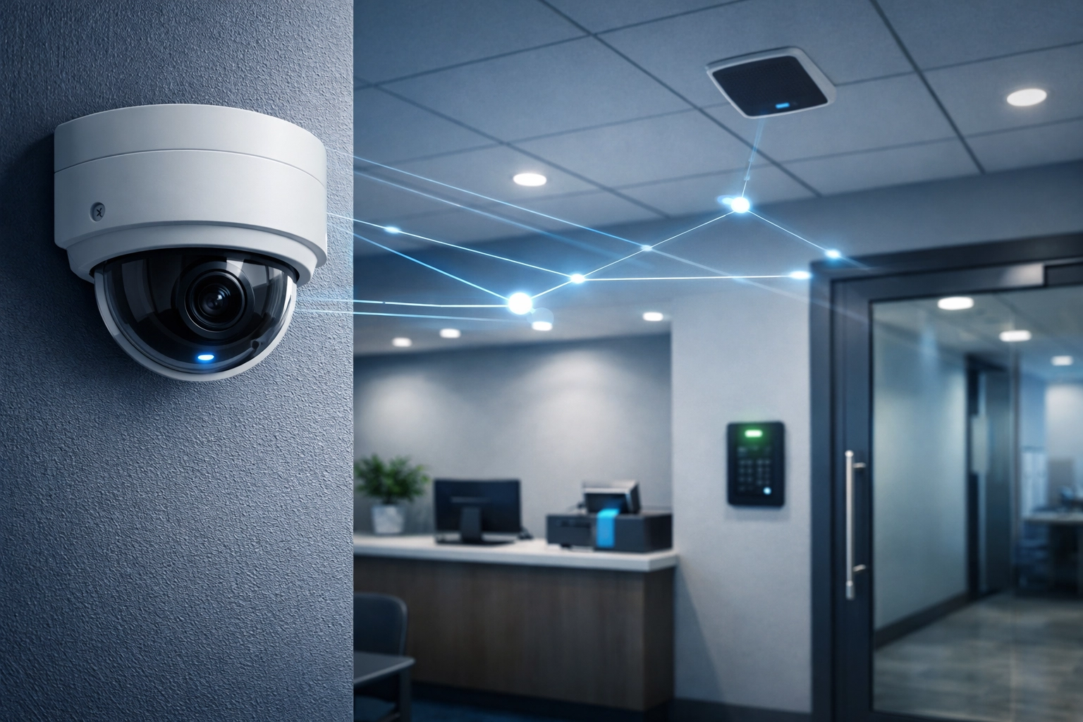 Integrated Axis security system with cameras and access control in Michigan business office