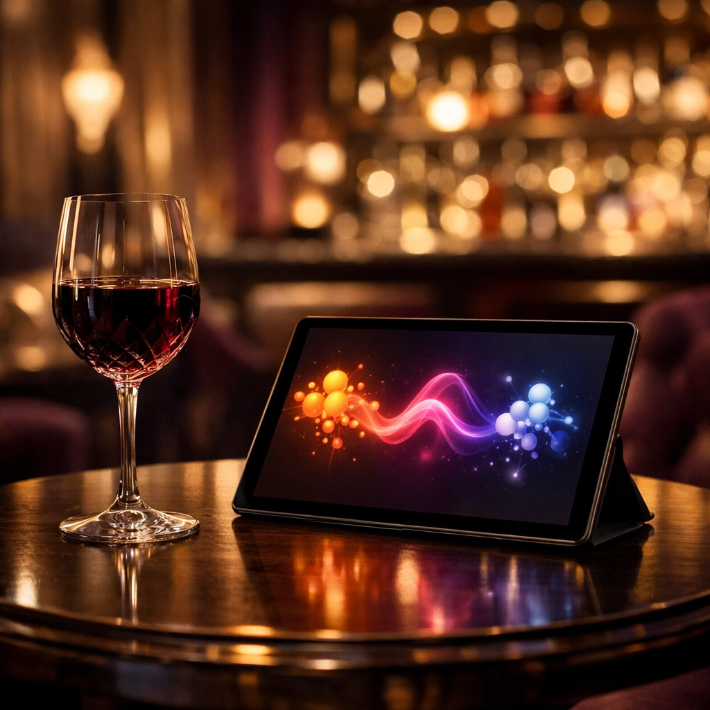 An AI-powered wine pairing app displayed on a digital tablet in a sophisticated hotel lounge.