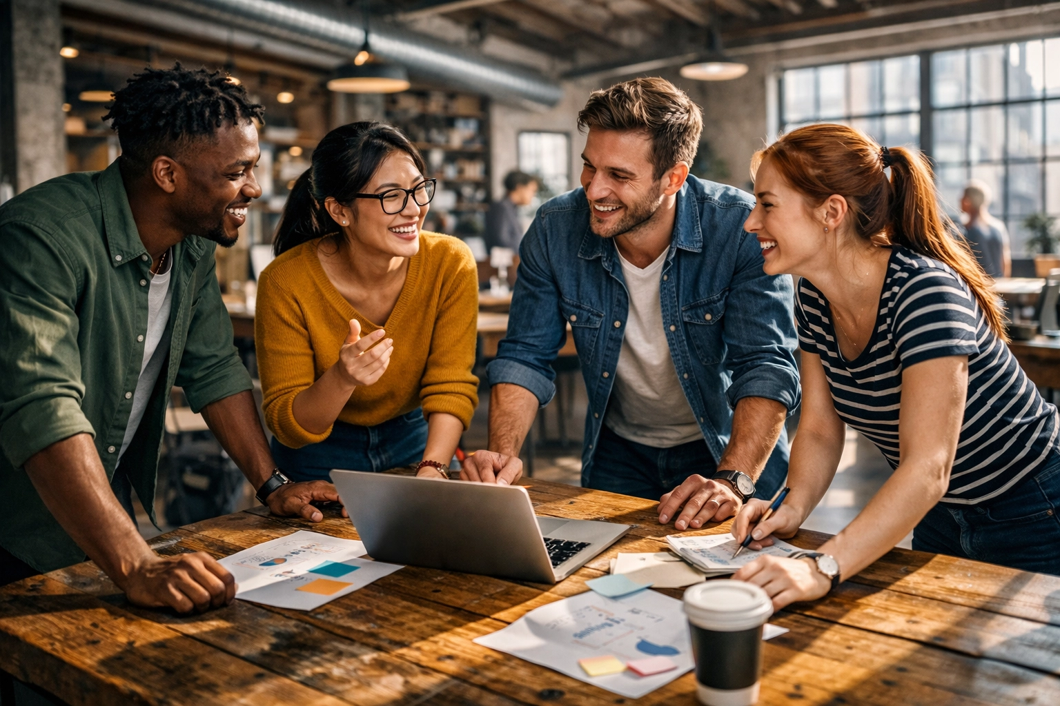 Diverse team of professionals collaborating on AI strategy and literacy in a modern office environment.