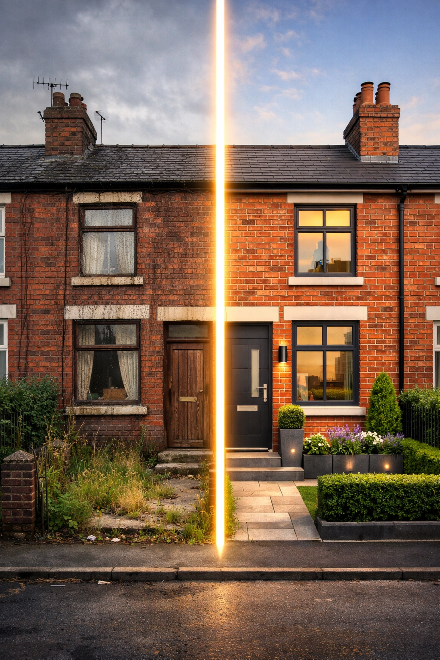 Before and after comparison of a renovated UK terraced house showing increased Gross Development Value.