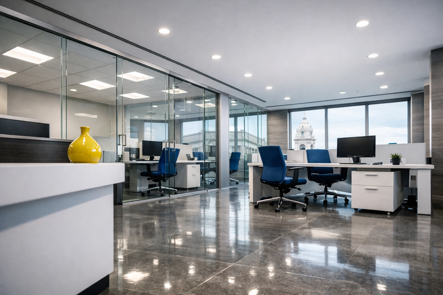 Modern workspace near Union Station featuring immaculate floors from expert office cleaning Worcester services.
