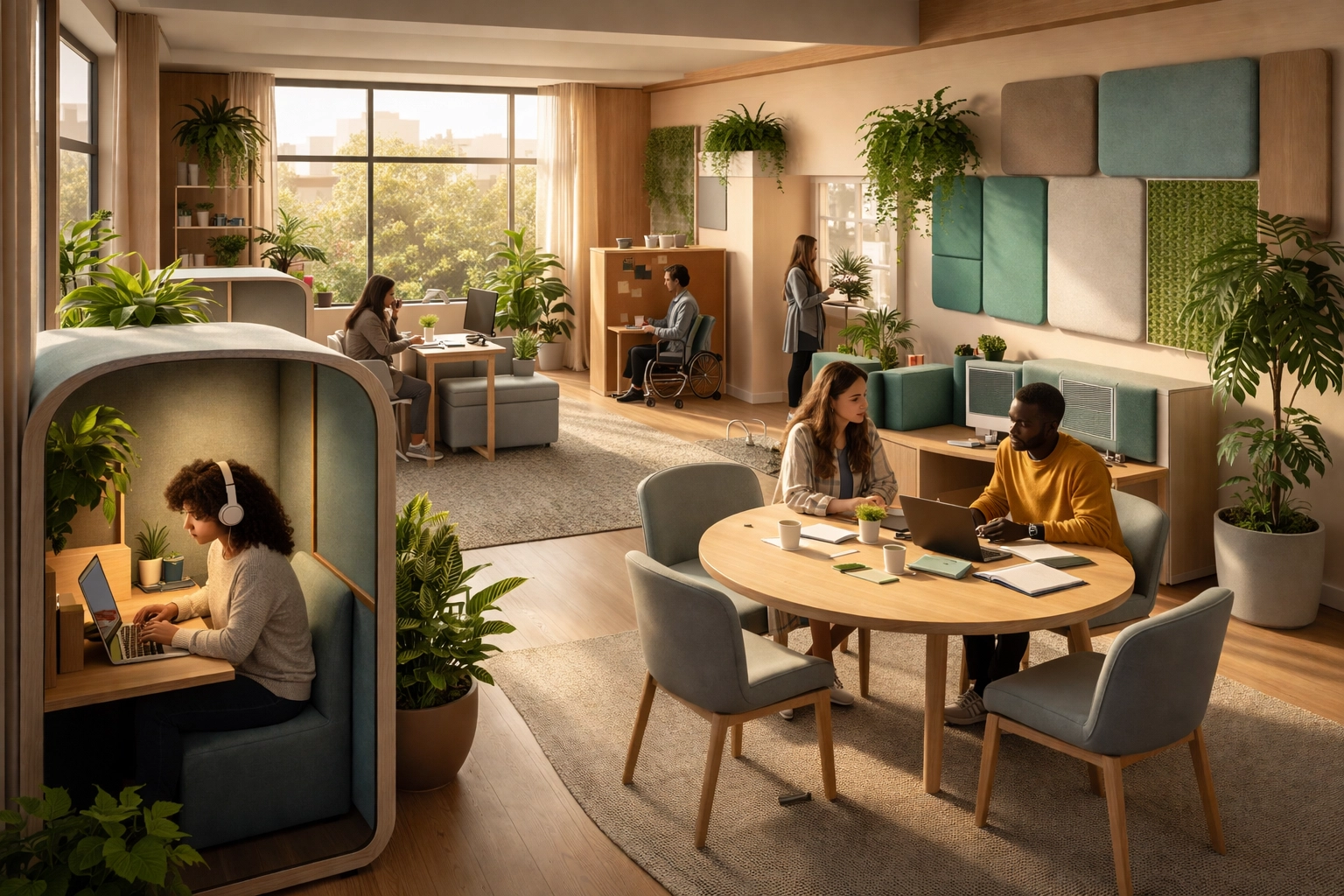 Modern neuro-inclusive office with diverse employees working in flexible, sensory-friendly environments