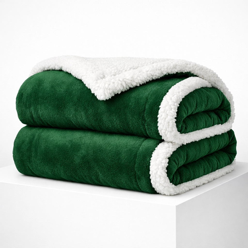 Folded forest green heavyweight sherpa blanket highlighting the thick, high-quality fabric construction.