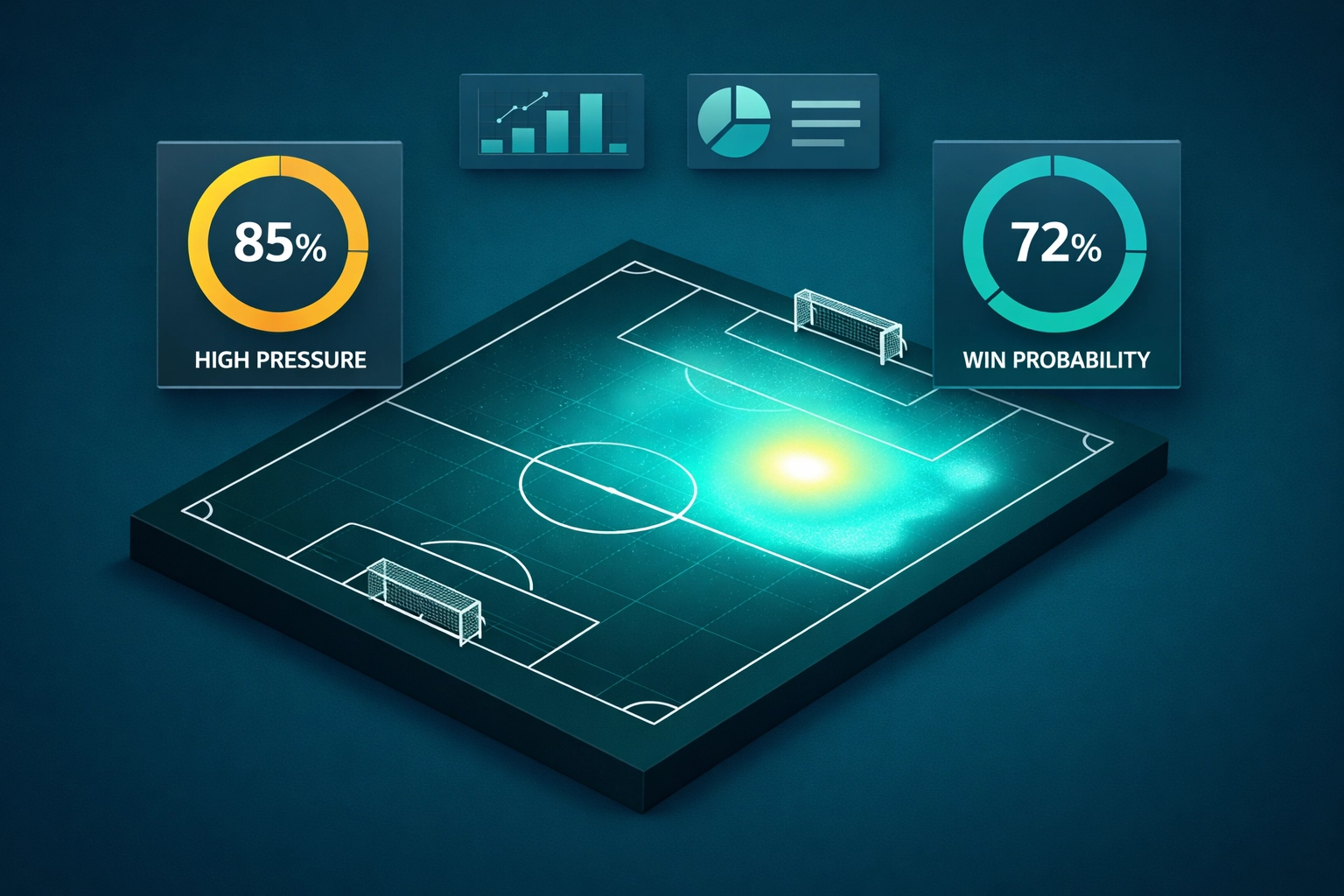Football analytics dashboard with attacking zone heat maps and win probability gauges for trading.