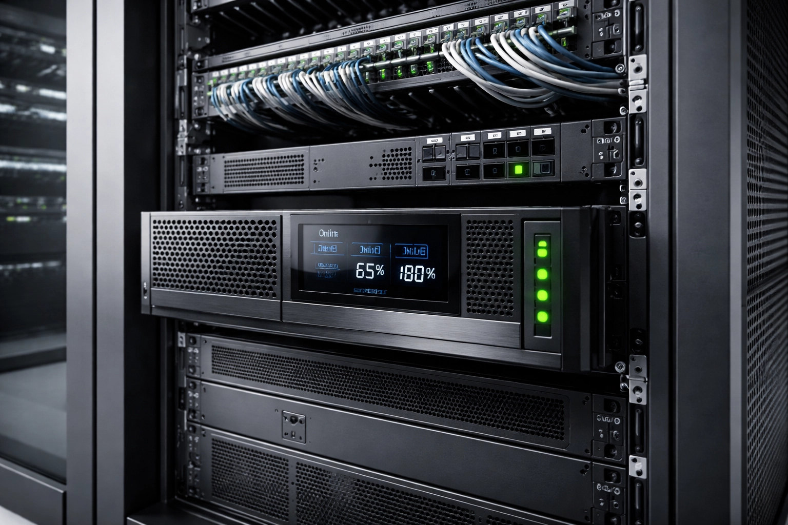 Enterprise UPS system installed in organized server rack, supporting power protection and peak shaving efficiency