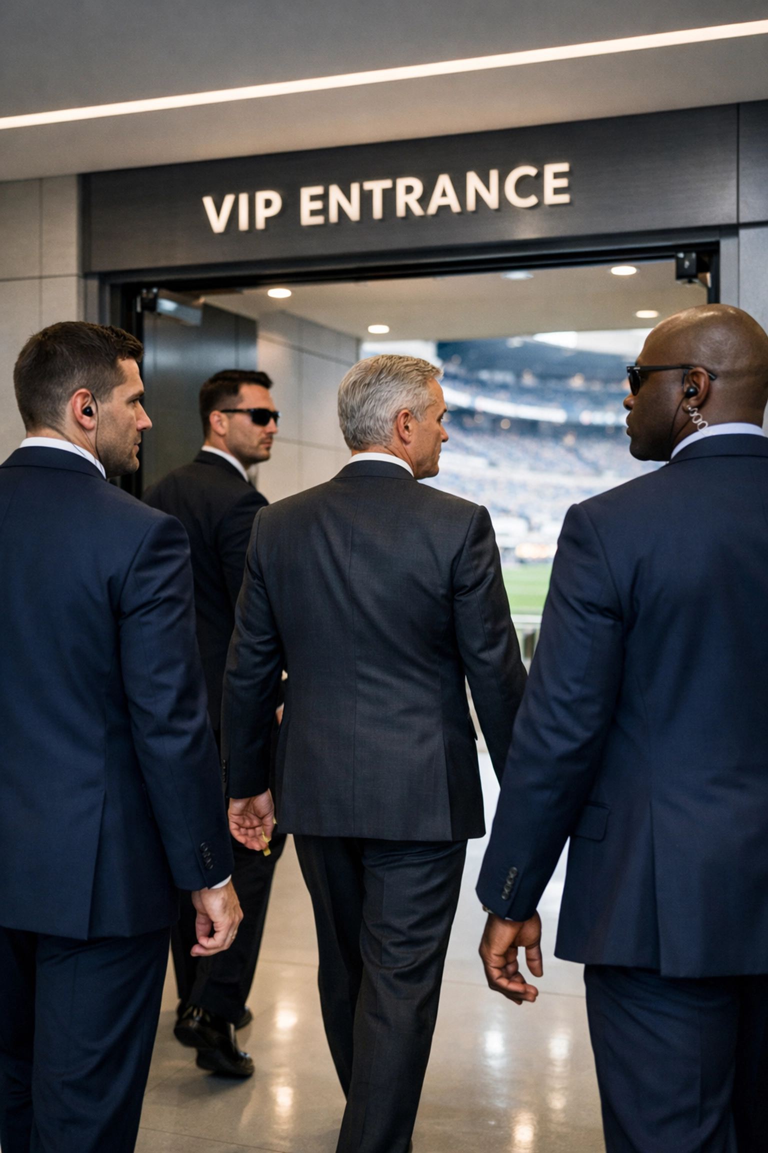 Professional executive security detail escorting a VIP through a secure Super Bowl stadium entrance.