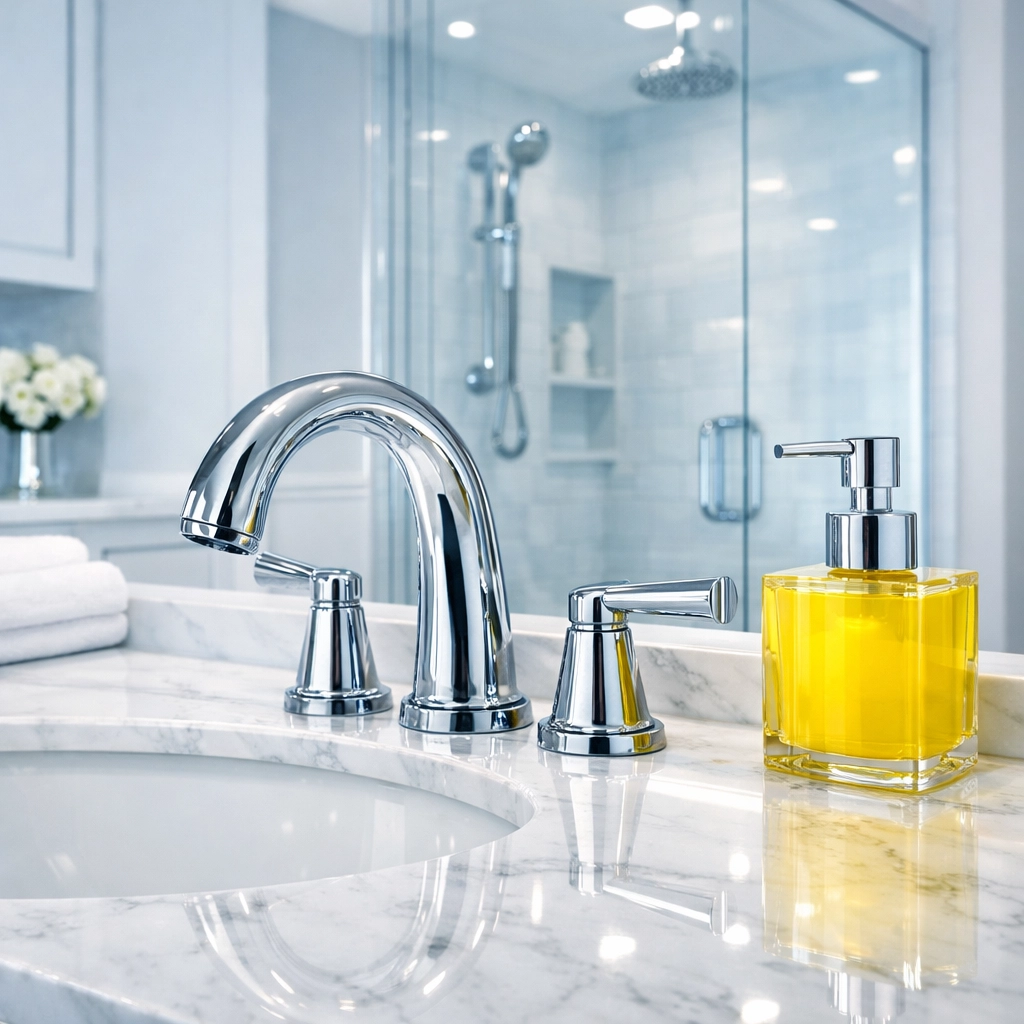 Sanitized luxury bathroom with sparkling fixtures following a deep cleaning in Dunstable.