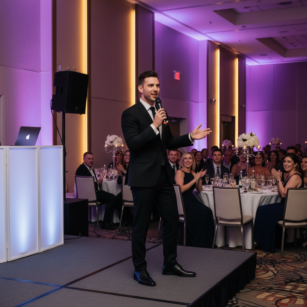 Man in a suit speaking into a microphone on stage at a formal event. Guests seated at round tables applaud. Purple-lit room with flowers.