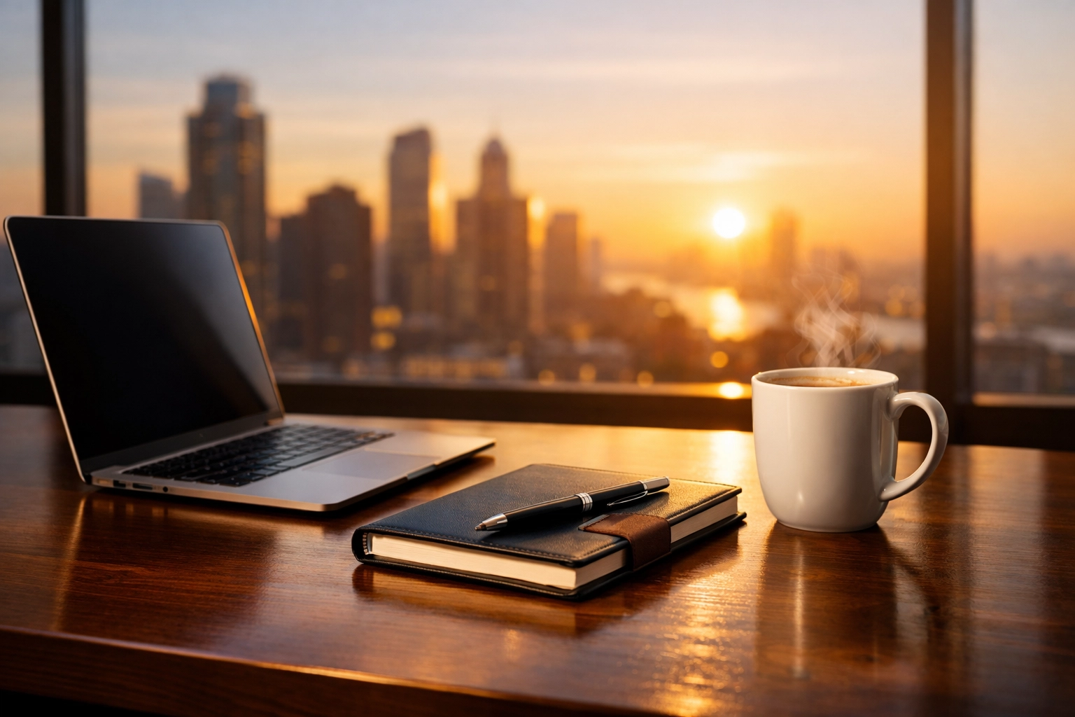 Modern executive office desk with a laptop and coffee at sunrise representing the 9 AM Dakdan PR rotation start.