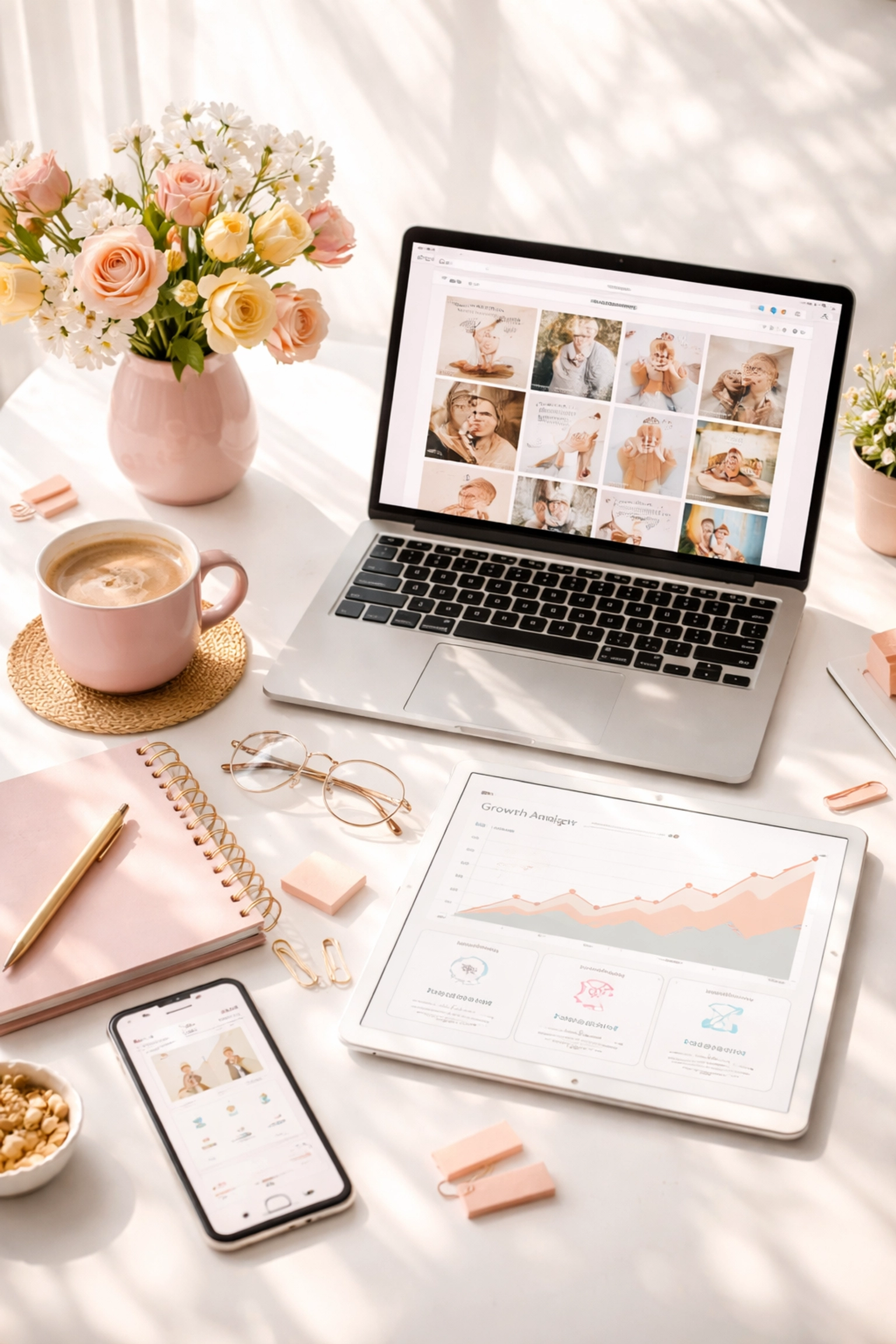 Organized workspace with laptop and social media feeds showing business growth and online engagement