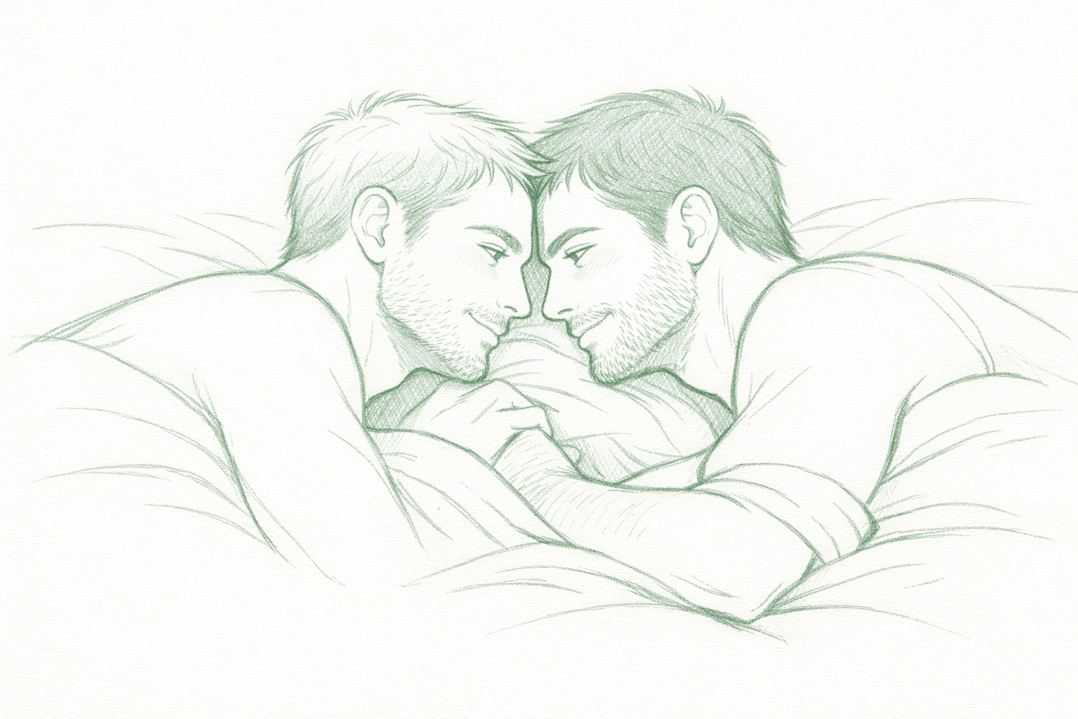 Two men face-to-face in bed depicting intimate closeness and vulnerability