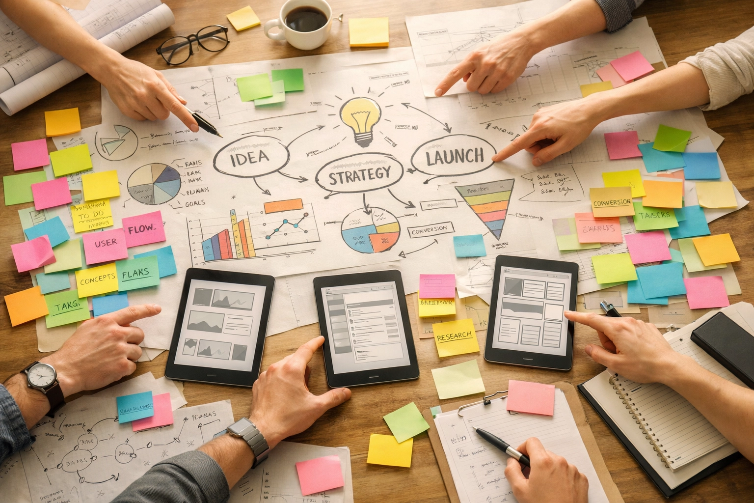 Team collaborating over workspace table with diagrams and planning materials for workflow automation