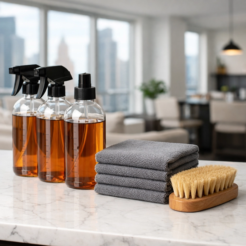 Professional cleaning supplies in a modern Chicago apartment ready for a high-velocity property turnover.