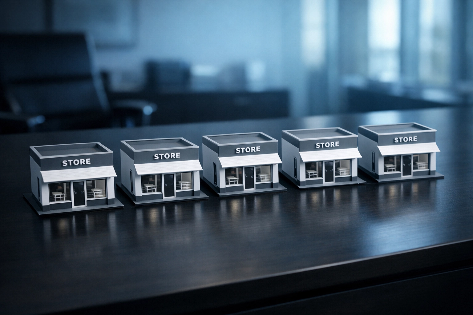 Minimalist retail storefront models on an office desk representing the scale of multi-unit franchise ownership.