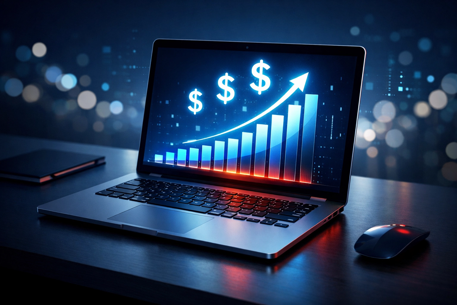 Laptop displaying online business growth charts and revenue for starting with no money
