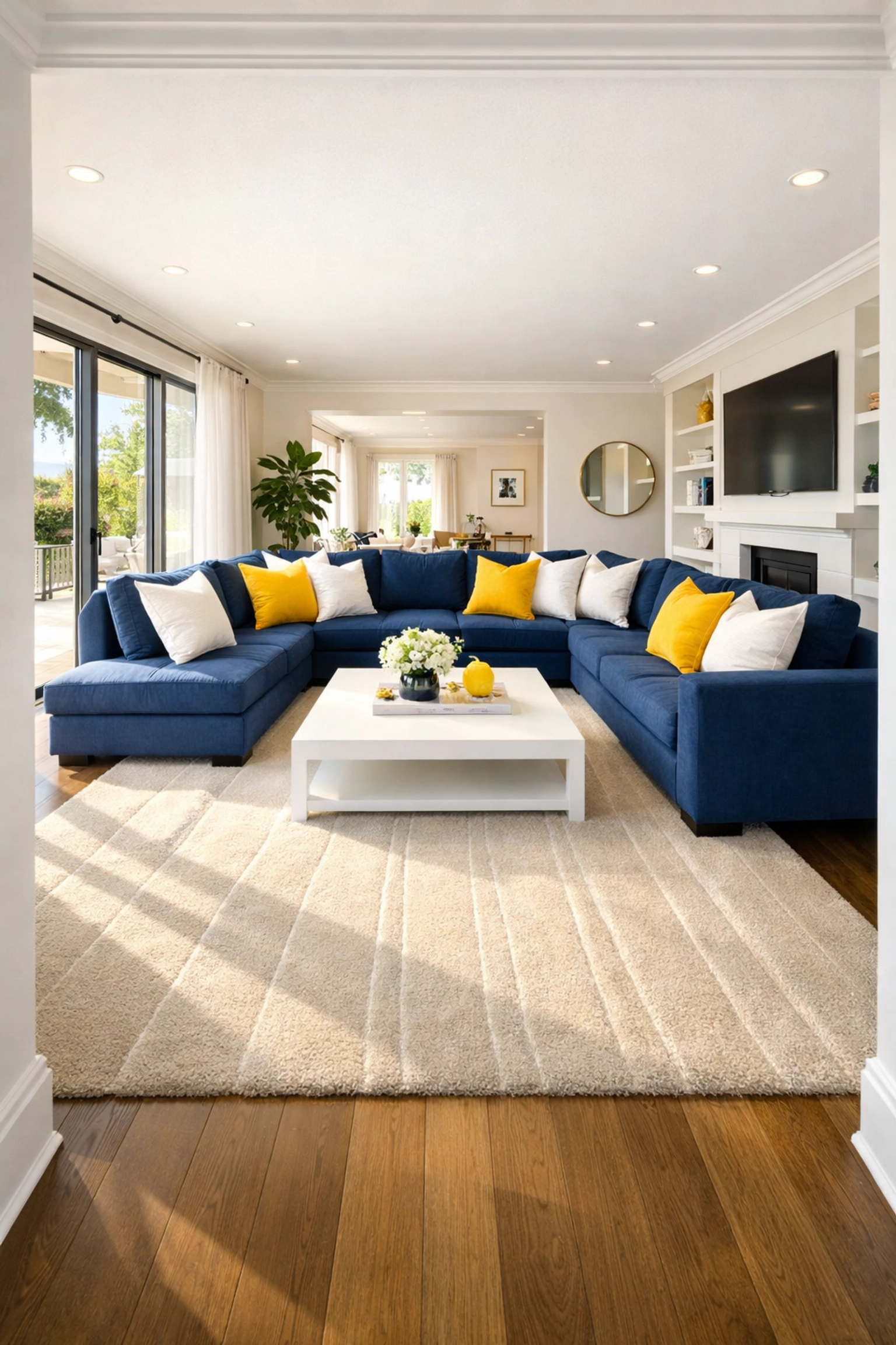 A serene Foxborough living room with fresh vacuum lines on the rug from a recurring luxury house cleaning service.
