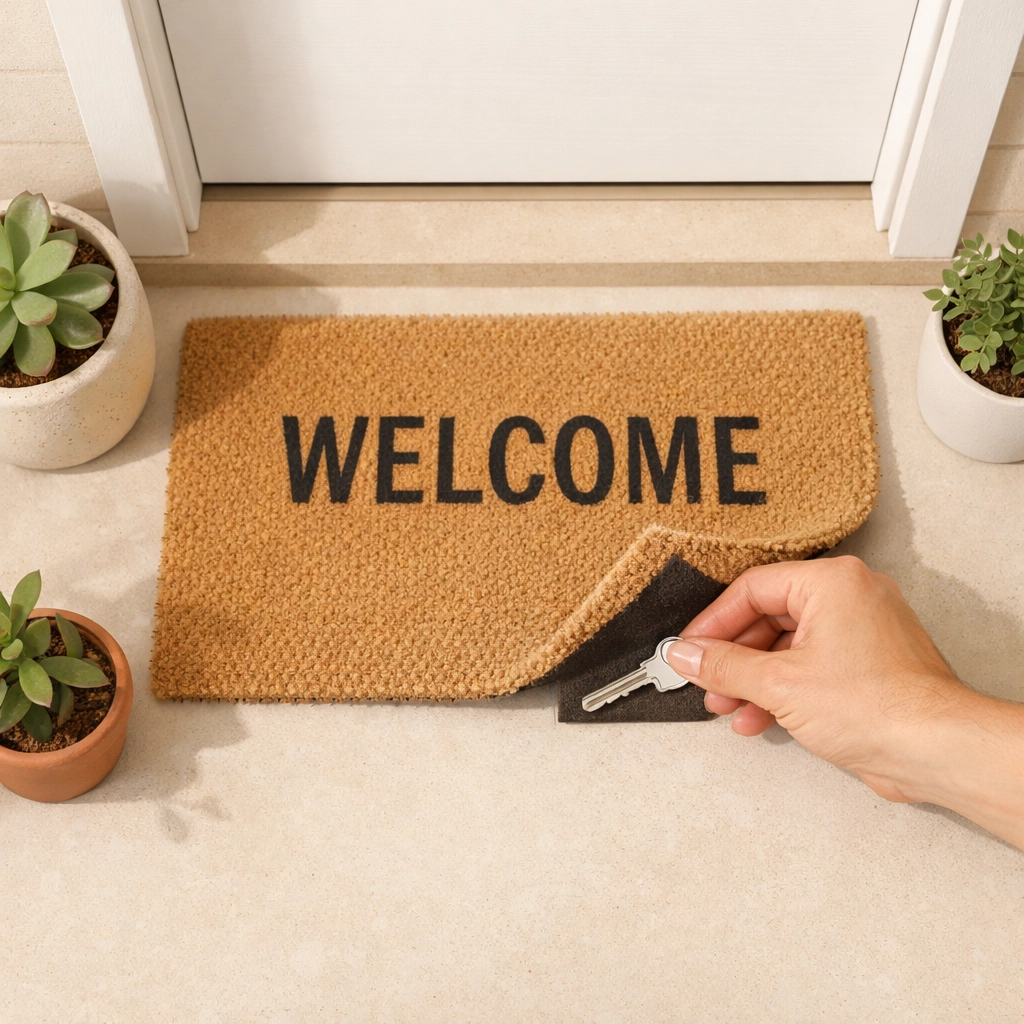 House key hidden under doormat showing poor home security that may void insurance coverage