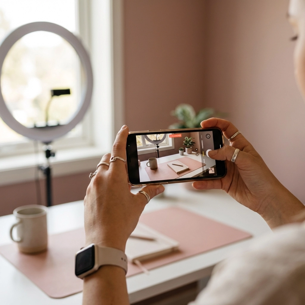 Content creator holding a smartphone at a minimalist pink desk, filming a simple Instagram Reel to highlight clarity.