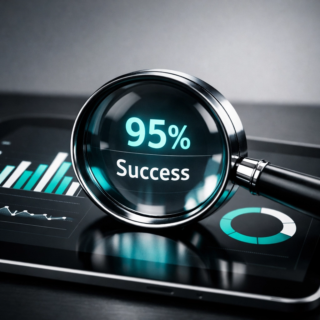 Magnifying glass examining a digital marketing dashboard for a Google Ads PPC audit.