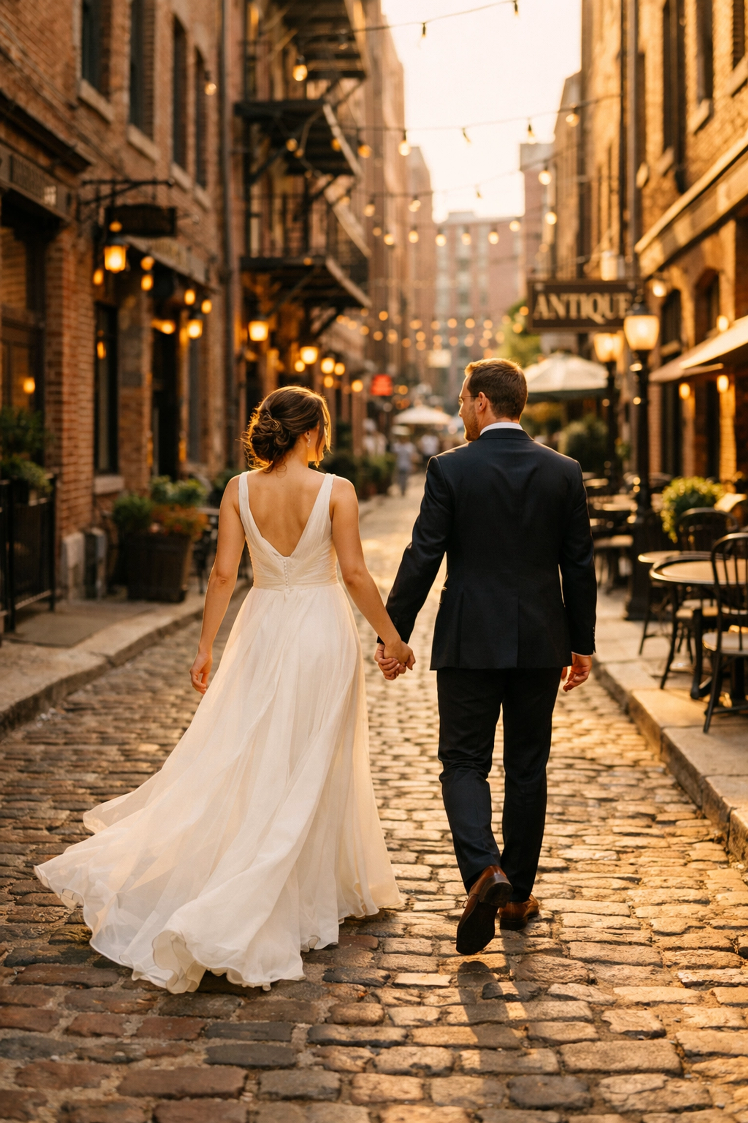 Wedding couple walking through downtown Omaha Old Market district