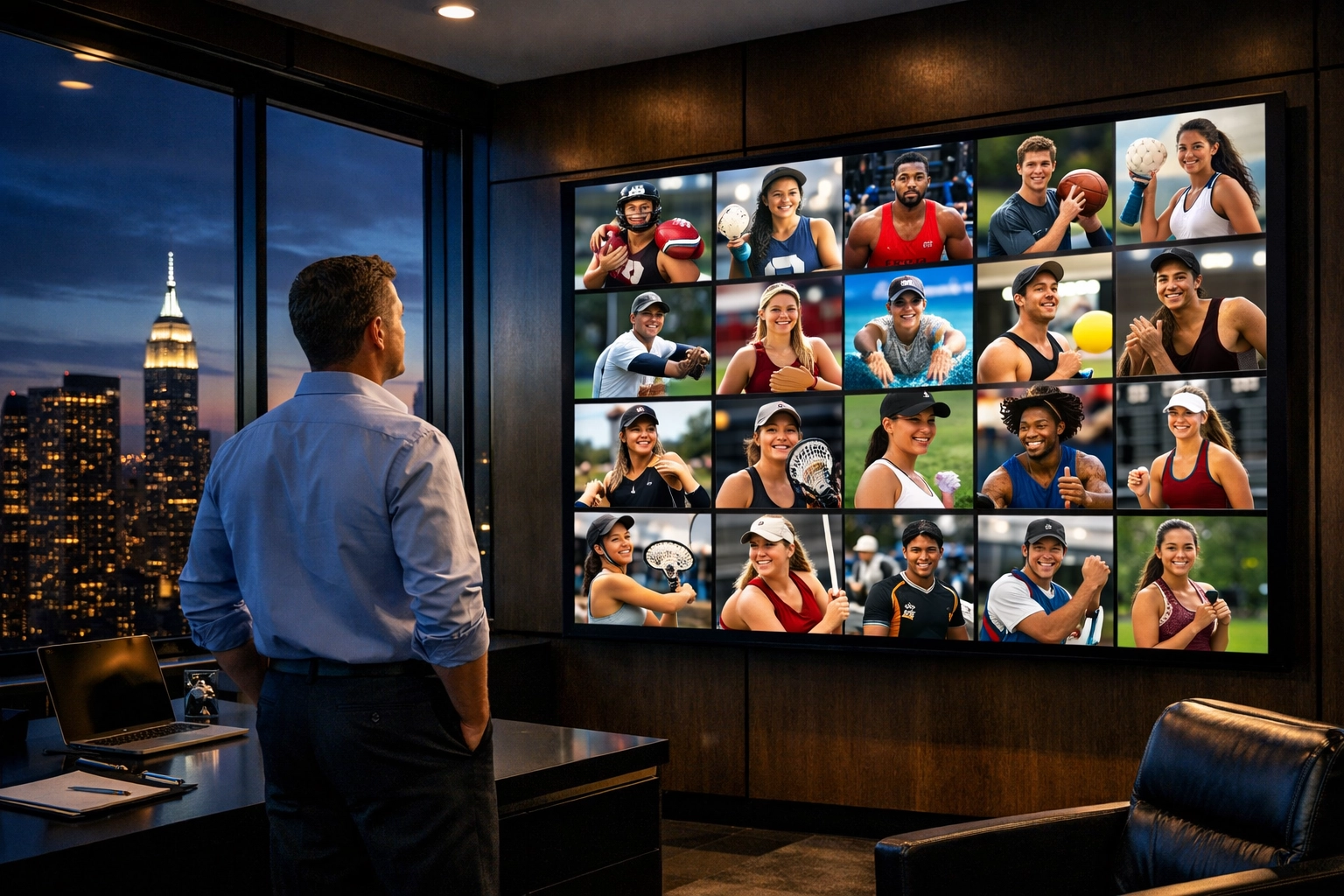 A business executive analyzing a global student-athlete influencer campaign in a corporate office.