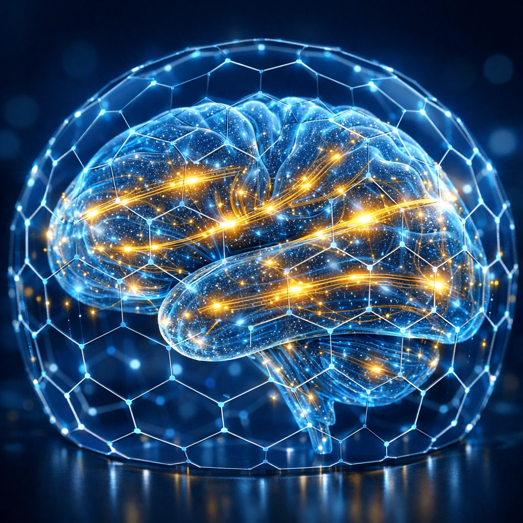 AI-powered fraud protection system showing a digital neural network with a protective data shield.