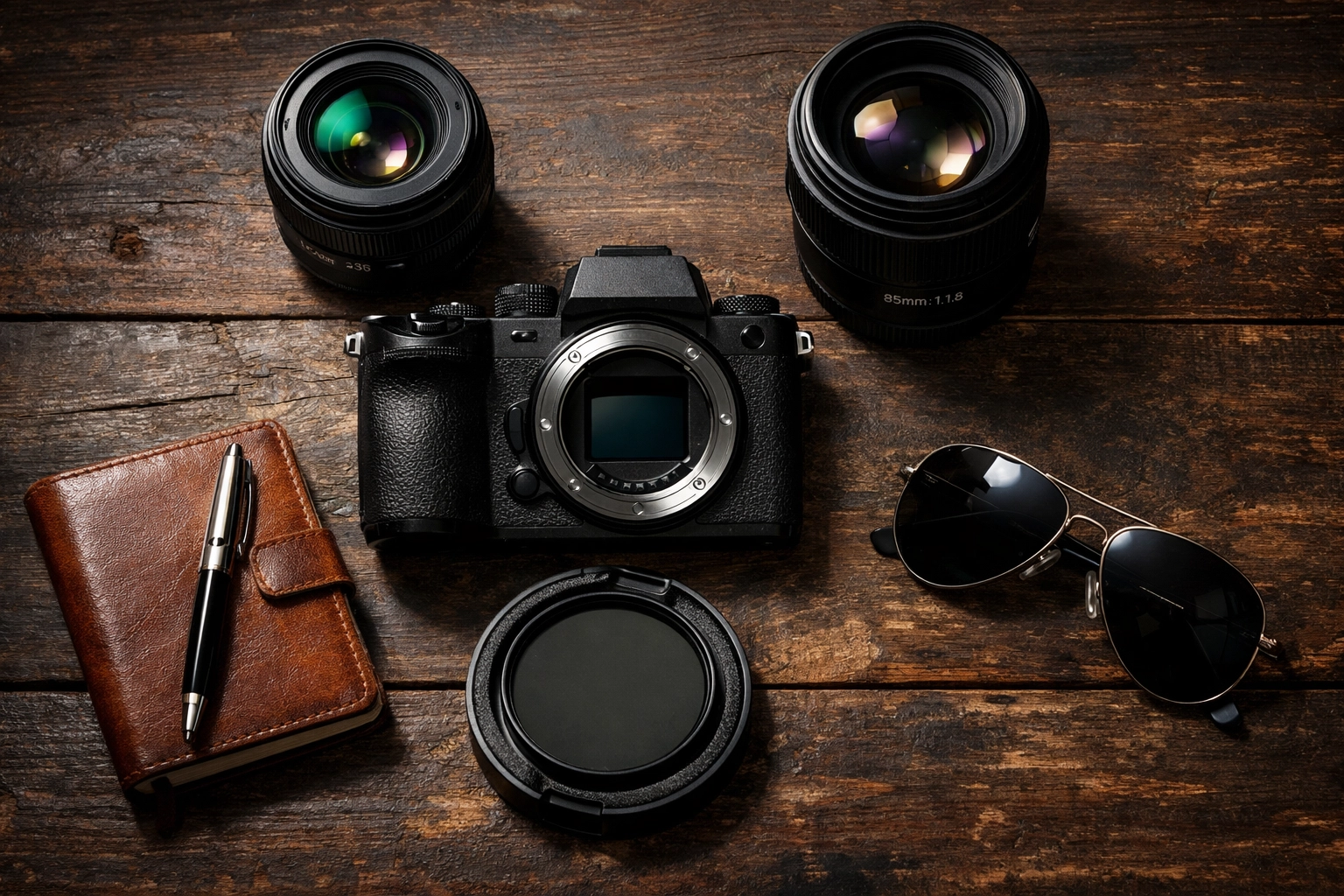 Flat lay of essential camera gear and prime lenses for anyone starting their photography journey.